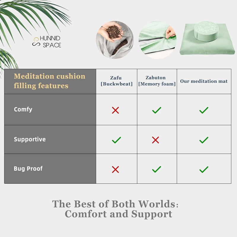 hunnidspace Meditation Zafu Cushion Set with Buckwheat Hulls & Memory Foam - Ergonomic Support for Yoga & Sitting - Removable Machine-Washable Luxury Velvet Cover - for Adults and Kids (Sage Green) - Image 2
